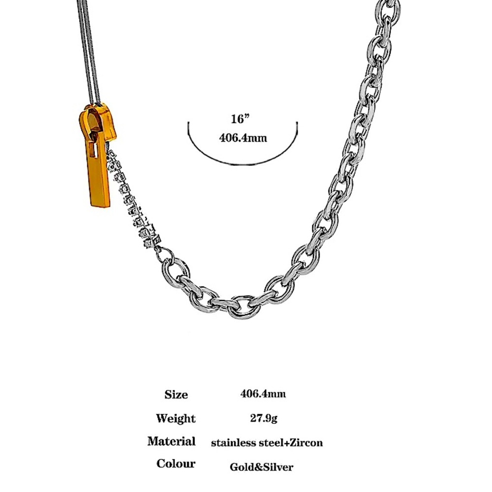 Sterling Silver Chain Link Zircon Zipper Herringbone Punk Choker Necklace - Picture 5 of 11